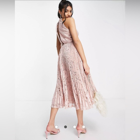 ASOS DESIGN pinny midi prom dress with pleated lace in blush - Picture 2 of 4